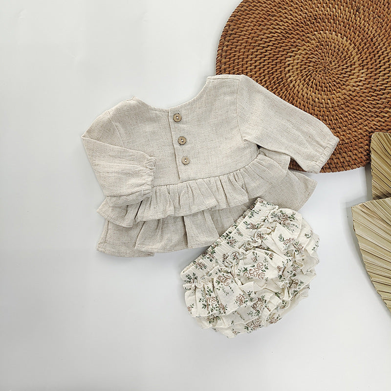 Completo bambina 2 pezzi   Blusa lino e culotte floreale