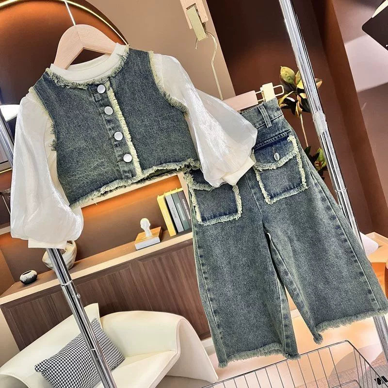 Completo Bambina Denim Chic – Gilet, Blusa e Pantaloni a Zampa