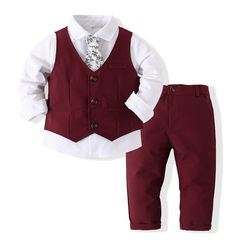 Completo Elegante Bambino 3 Pezzi  Gilet Bordeaux, Camicia e Pantalone con Cravatta