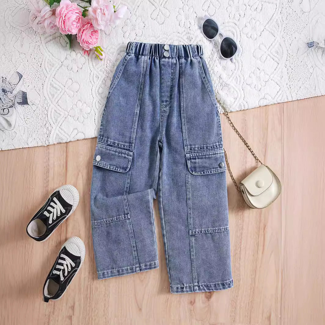 Jeans cargo bambina con tasconi laterali – stile streetwear