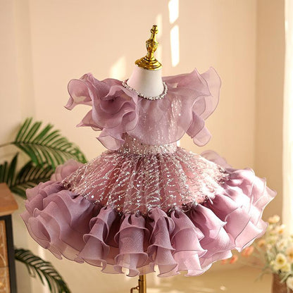 Abito elegante bambina lilla con volant e paillettes