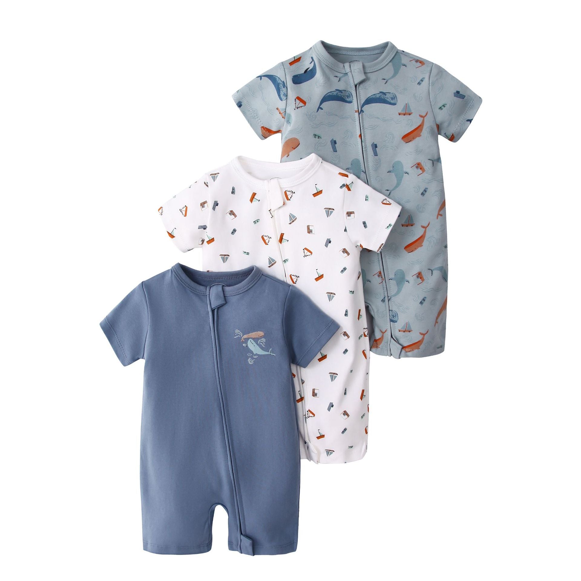 Set 3 pagliaccetti Estivi Neonato “Oceano”  Con Zip e Fantasie Marine