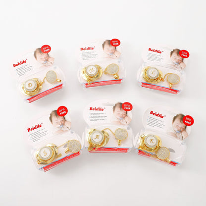 Ciuccio Oro con Catenella e Clip – Personalizzabile con Iniziale