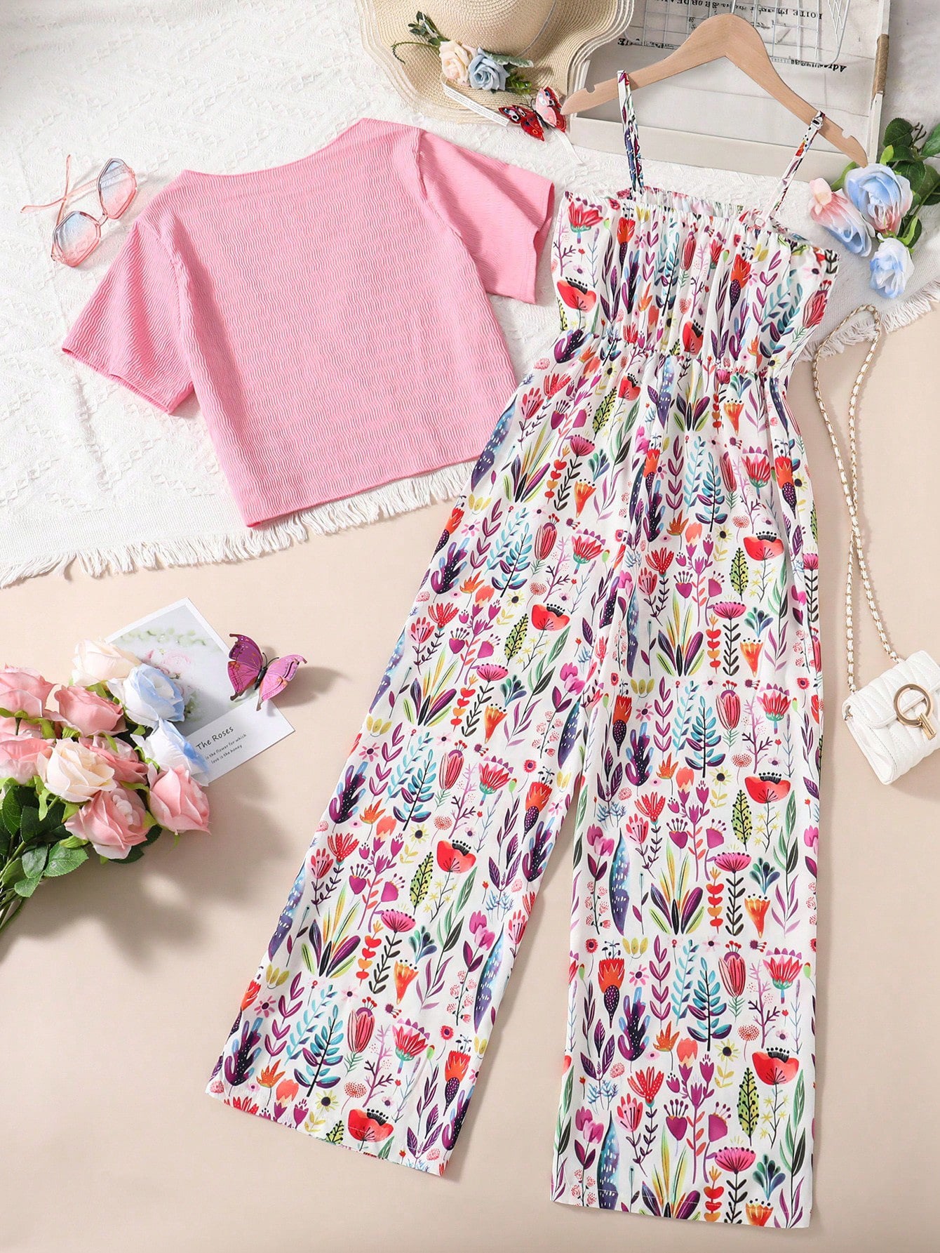 Completo Estivo Bambina – Tuta Floreale e Bolero Rosa