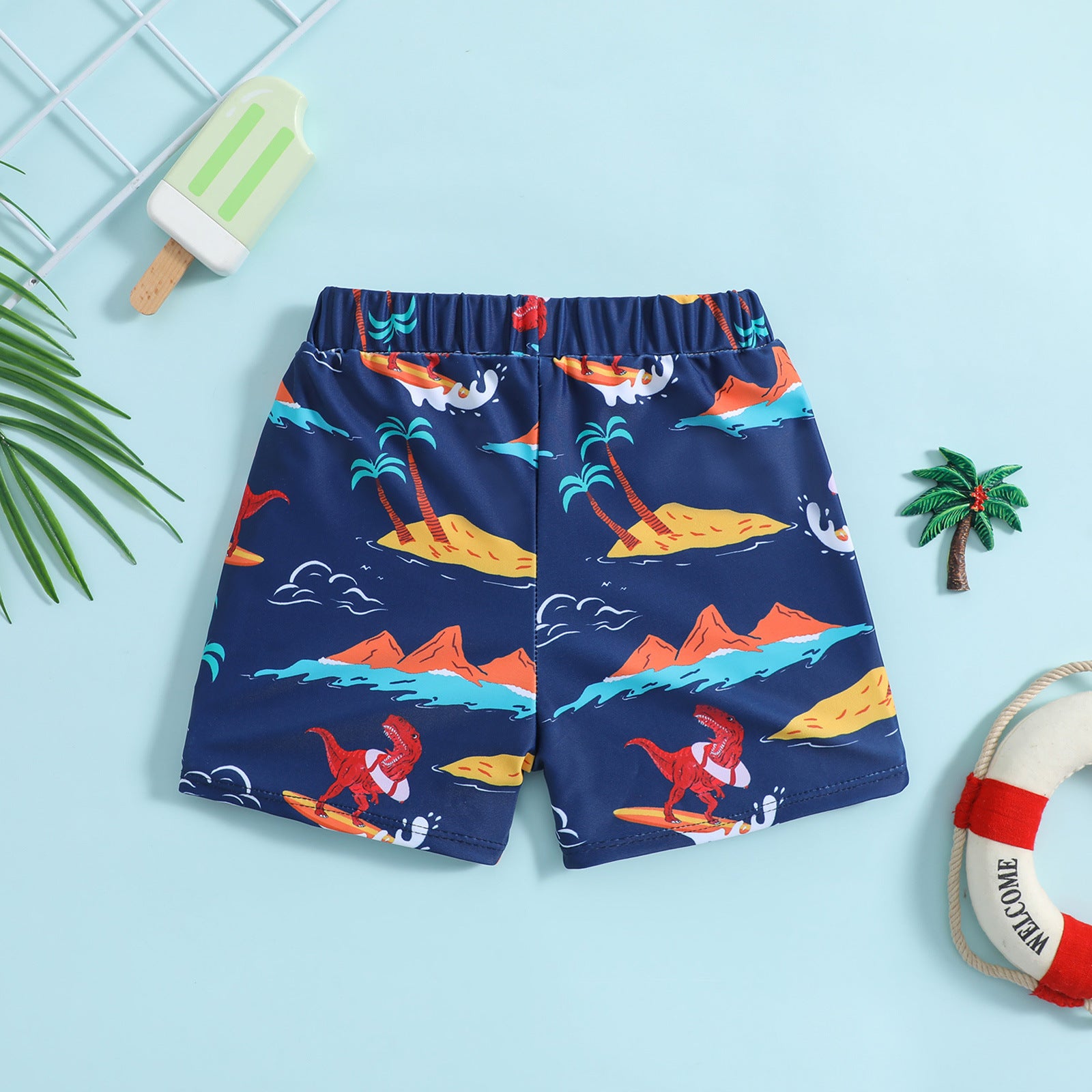 Boxer Mare Bimbo con Stampa Dinosauri Surfisti   Blu Navy