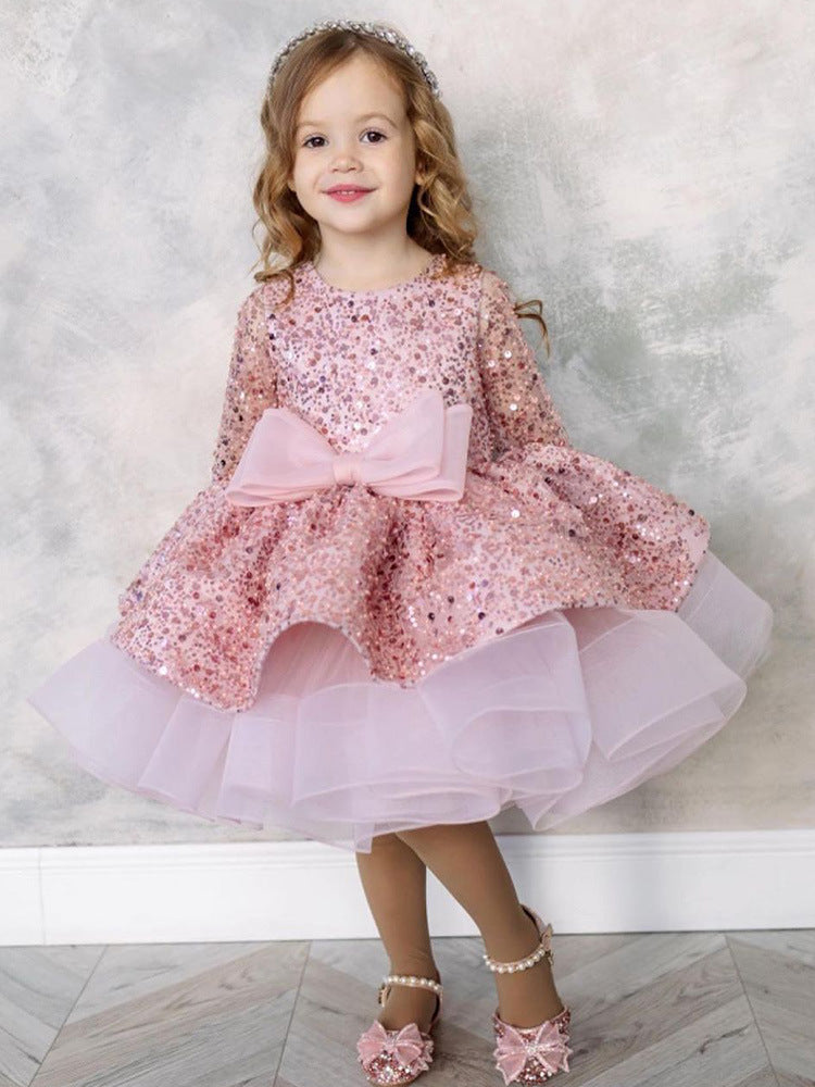 Abito da Cerimonia Bambina - Rosa con Paillettes, Fiocco e Gonna in Tulle