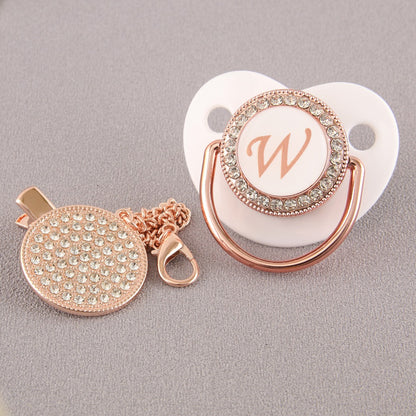 Set Ciuccio Luxury Bianco e oro rosa con Clip – Personalizzato con Iniziale (6-12 mesi)