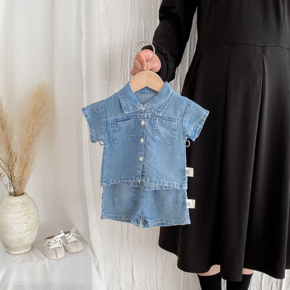 Completo denim estivo bambino/a   Camicia e pantaloncini in jeans
