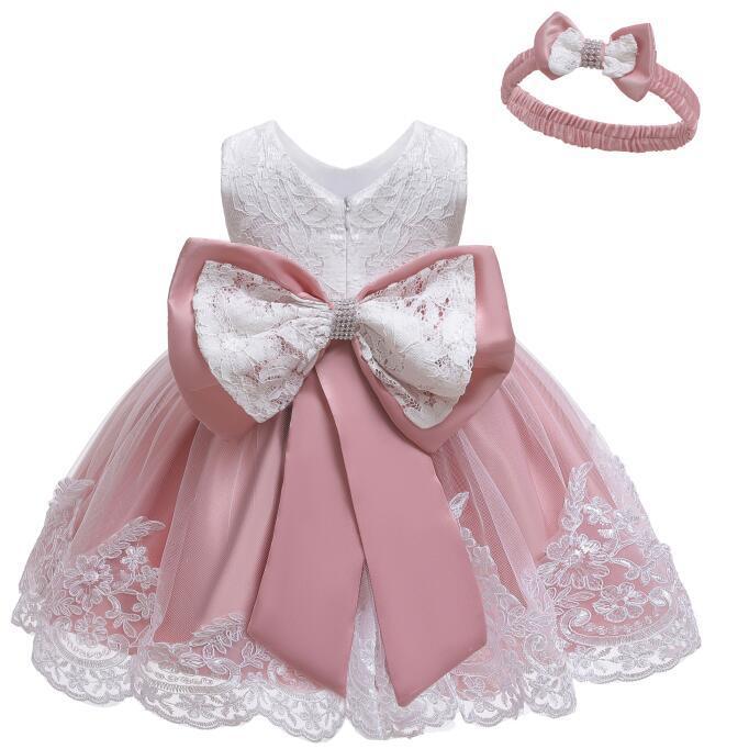 Vestito Elegante  per Bambina con Fiocco e Pizzo - Completo con Fascia Coordinata