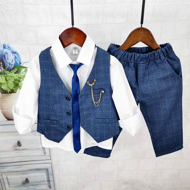 Completo Bimbo 3 Pezzi Elegante – Gilet e Pantaloni Check Blu con Cravatta
