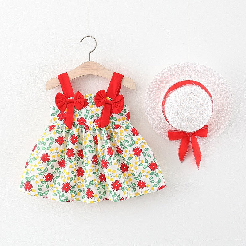 Abitino Estivo Bimba con Cappello  Rosso con fiori e fiocchi