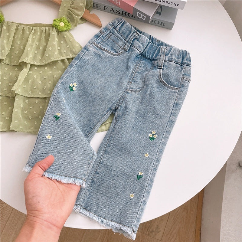 Jeans Bambina con Ricami Floreali – Vita Elasticizzata, Orlo Sfilacciato