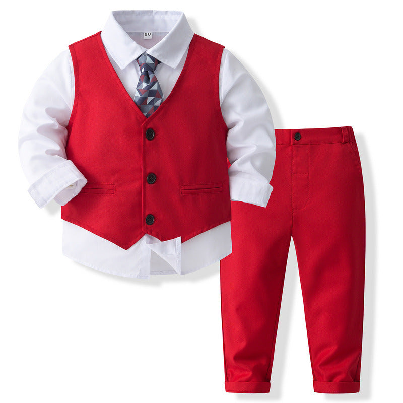 Completo 3 Pezzi Bambino Elegante  Rosso Acceso con Gilet, Camicia e Cravatta