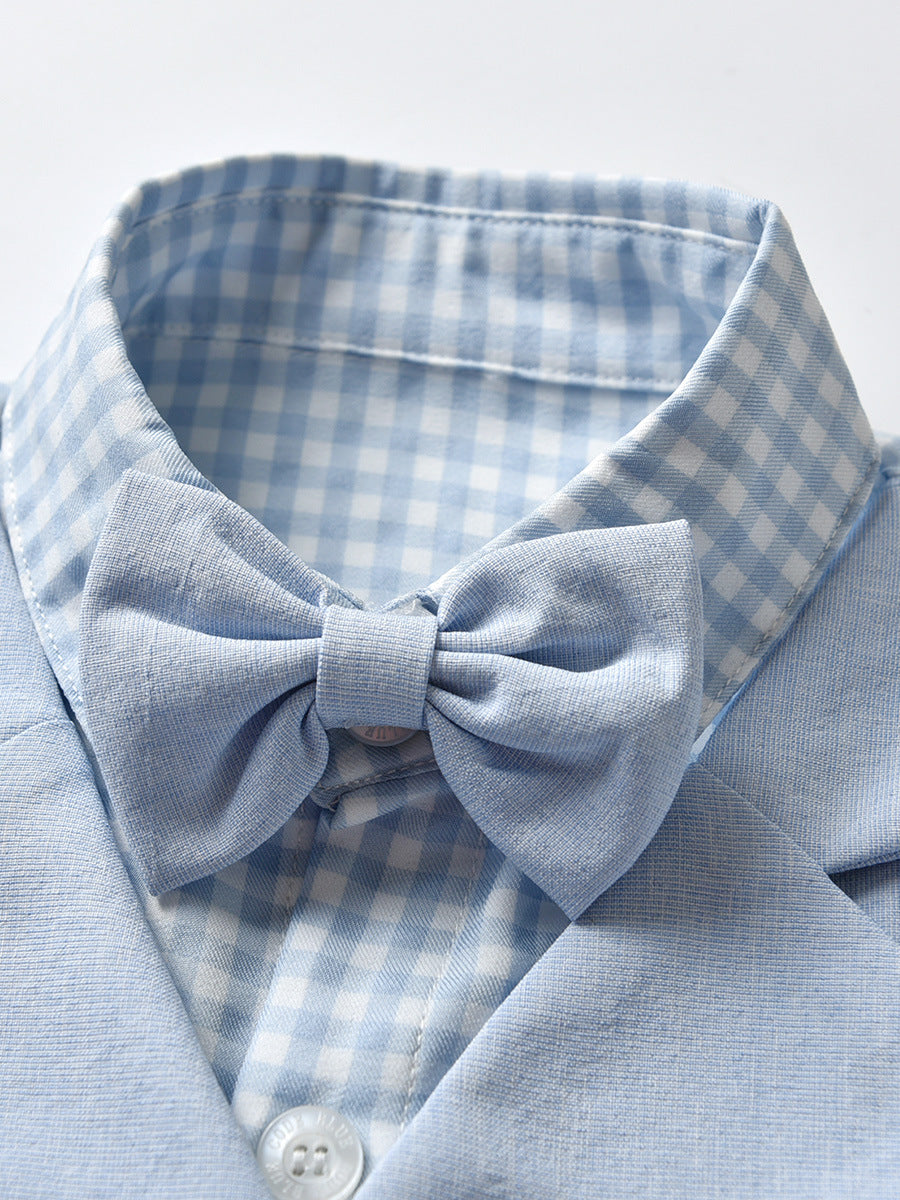 Completo Elegante Bimbo "Little Gentleman" Camicia, Gilet, Papillon e Shorts Azzurri