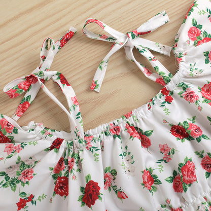 Completo Estivo Bambina con Fiori Rosso Rosa – 2 Pezzi