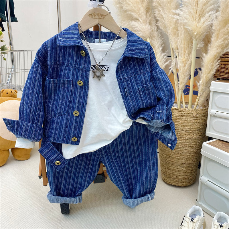 Completo Bambino Denim a Righe  Giacca, T-Shirt e Pantaloni