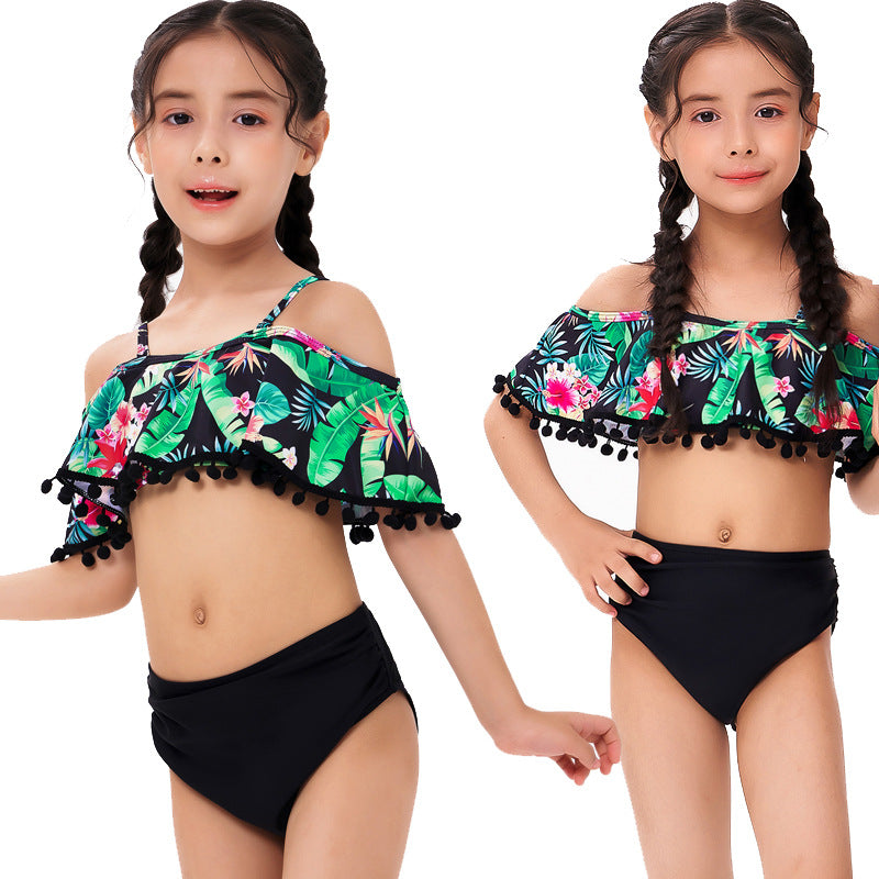 Bikini bambina 2 pezzi tropicale - Top a volant con nappine e slip nero vita alta