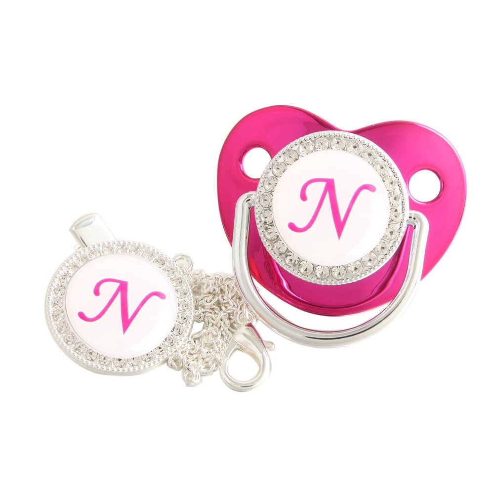 Set Ciuccio Luxury Fucsia e argento con Clip – Personalizzato con Iniziale (6-12 mesi)