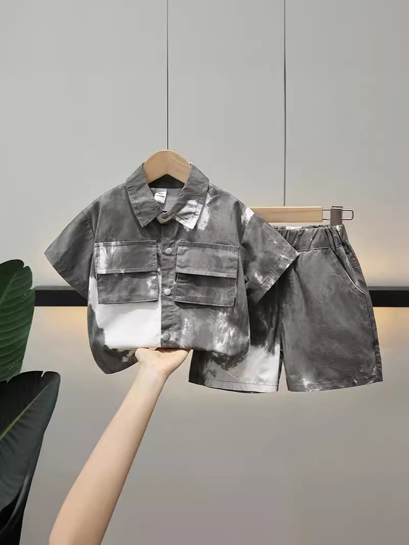 Completo estivo bambino tie-dye grigio con camicia e pantaloncini