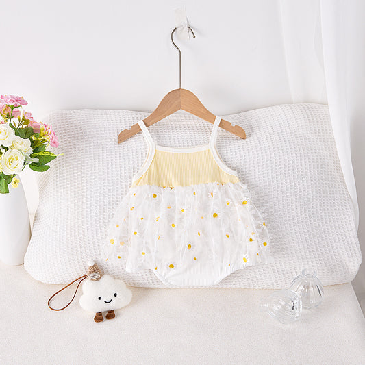 Pagliaccetto Estivo Neonata/ Bimba con Gonnellina in Tulle – Stampa Margherite