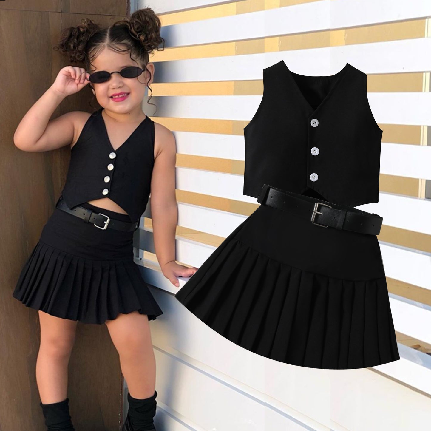 Completo Bambina Elegante Top con Bottoni e Gonna Plissettata Nera