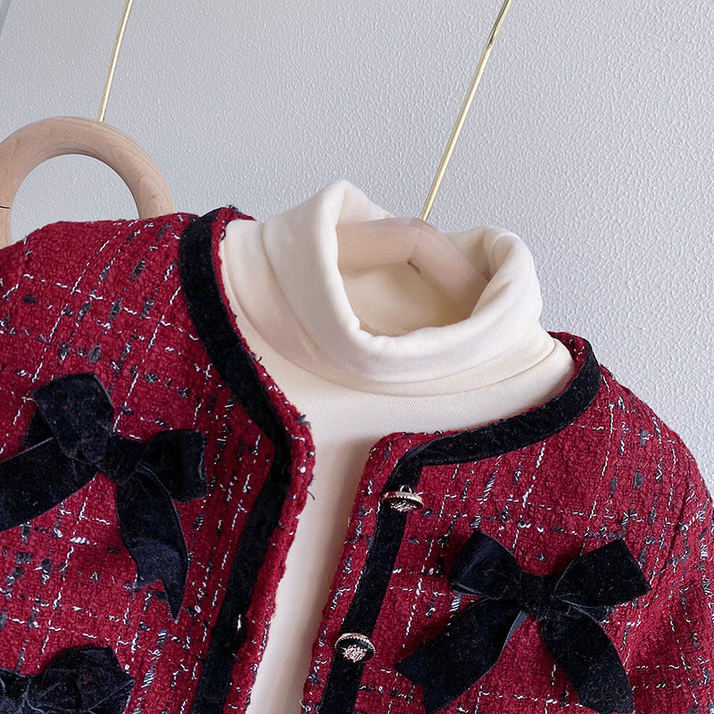 Set Bambina Elegante in Tweed Rosso 2 Pezzi – Giacca con Fiocchi e Gonna
