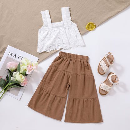 Completo Estivo Bambina  Top Sangallo Bianco e Pantaloni Marroni