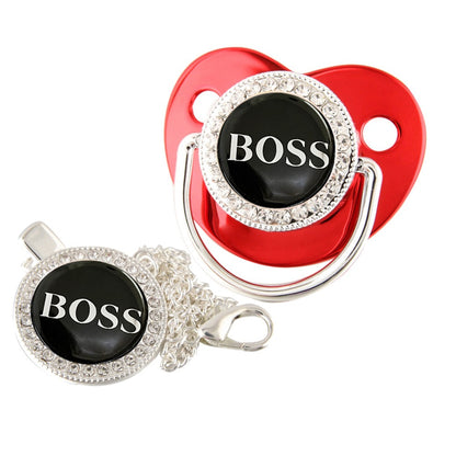 Set Ciuccio con Catenella “BOSS” – Design Elegante con Strass argento