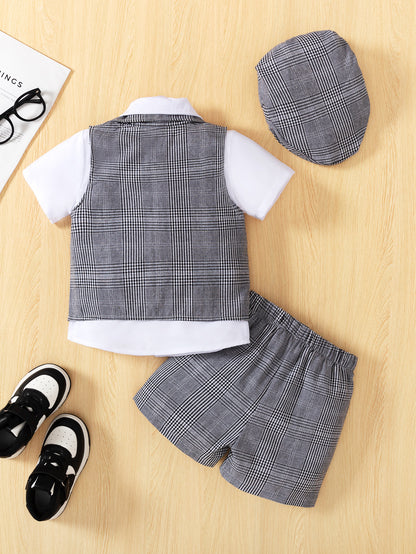 Completo Elegante Bambino 3 Pezzi con Papillon e Cappello – Stile Scozzese
