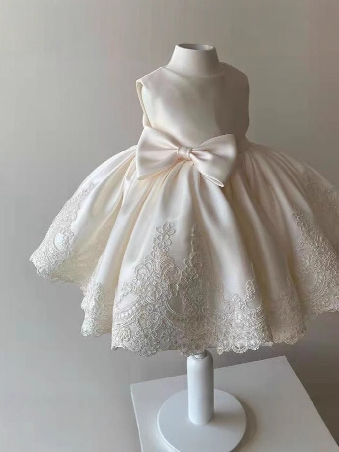 Abito da Cerimonia Bambina Avorio in Raso con Ricami e Fiocco Laterale