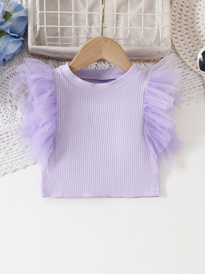 Top Bimba  a Costine con Maniche Volant in Tulle