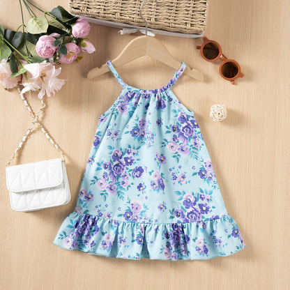 Vestito Estivo Bimba Azzurro con Fantasia Floreale e Volant