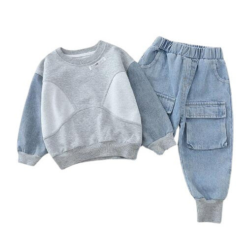 Completo Bimbo Autunno/Inverno  Felpa Grigia e Pantaloni Cargo in Jeans