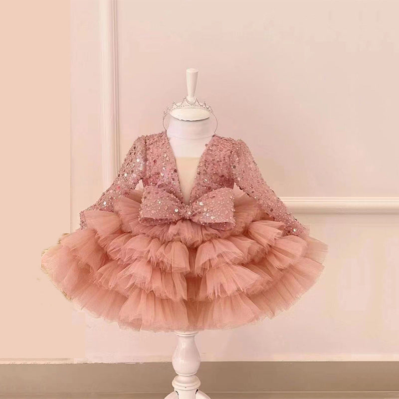 Abito Cerimonia Bambina in Tulle Rosa Antico con Paillettes e Maxi Fiocco