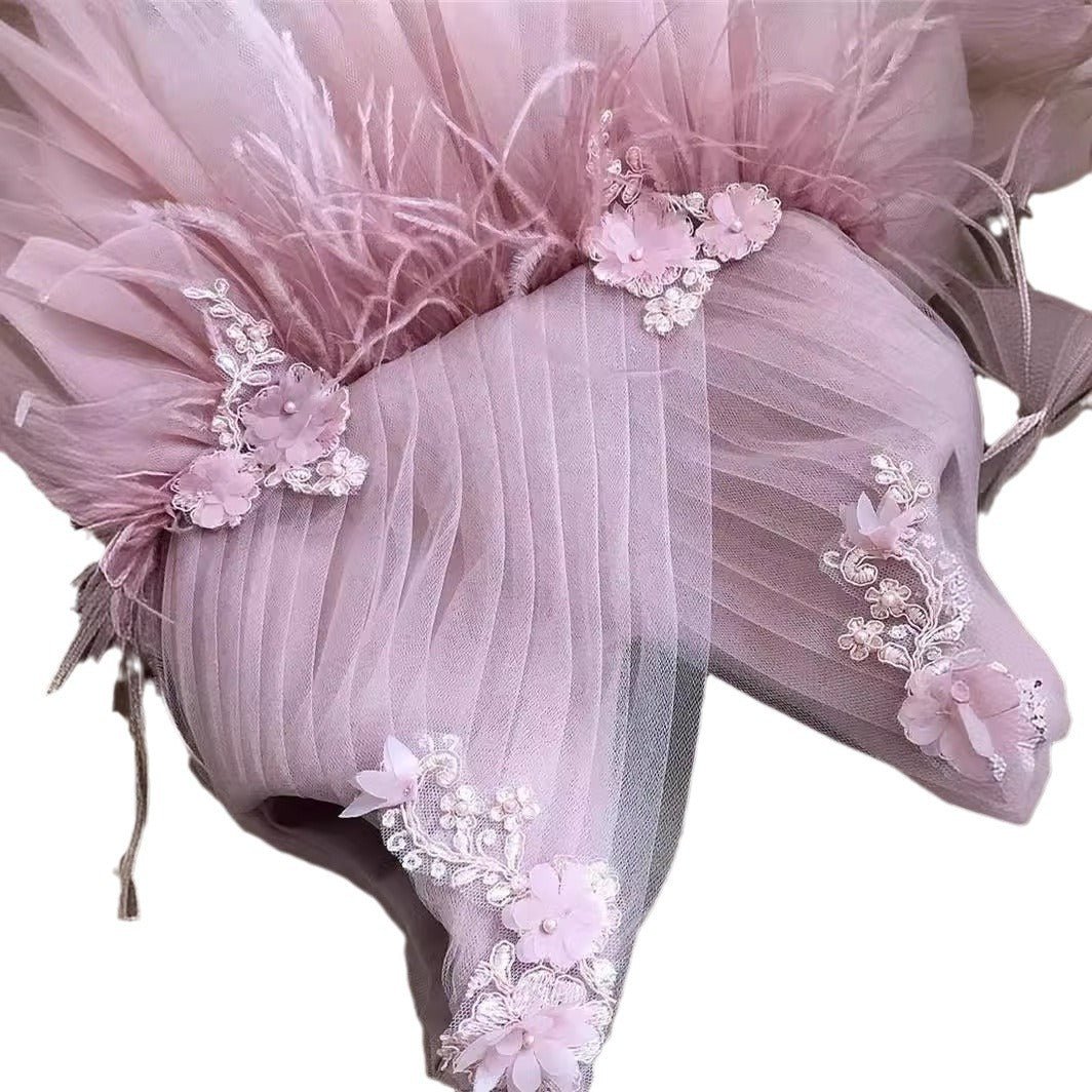 Abito da Cerimonia Bambina in Tulle con Fiocco e Applicazioni Floreali