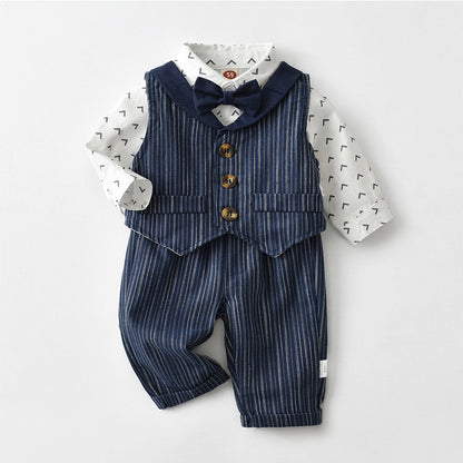 Completo Elegante Bambino con Gilet, Papillon e Camicia Stampata 100% cotone