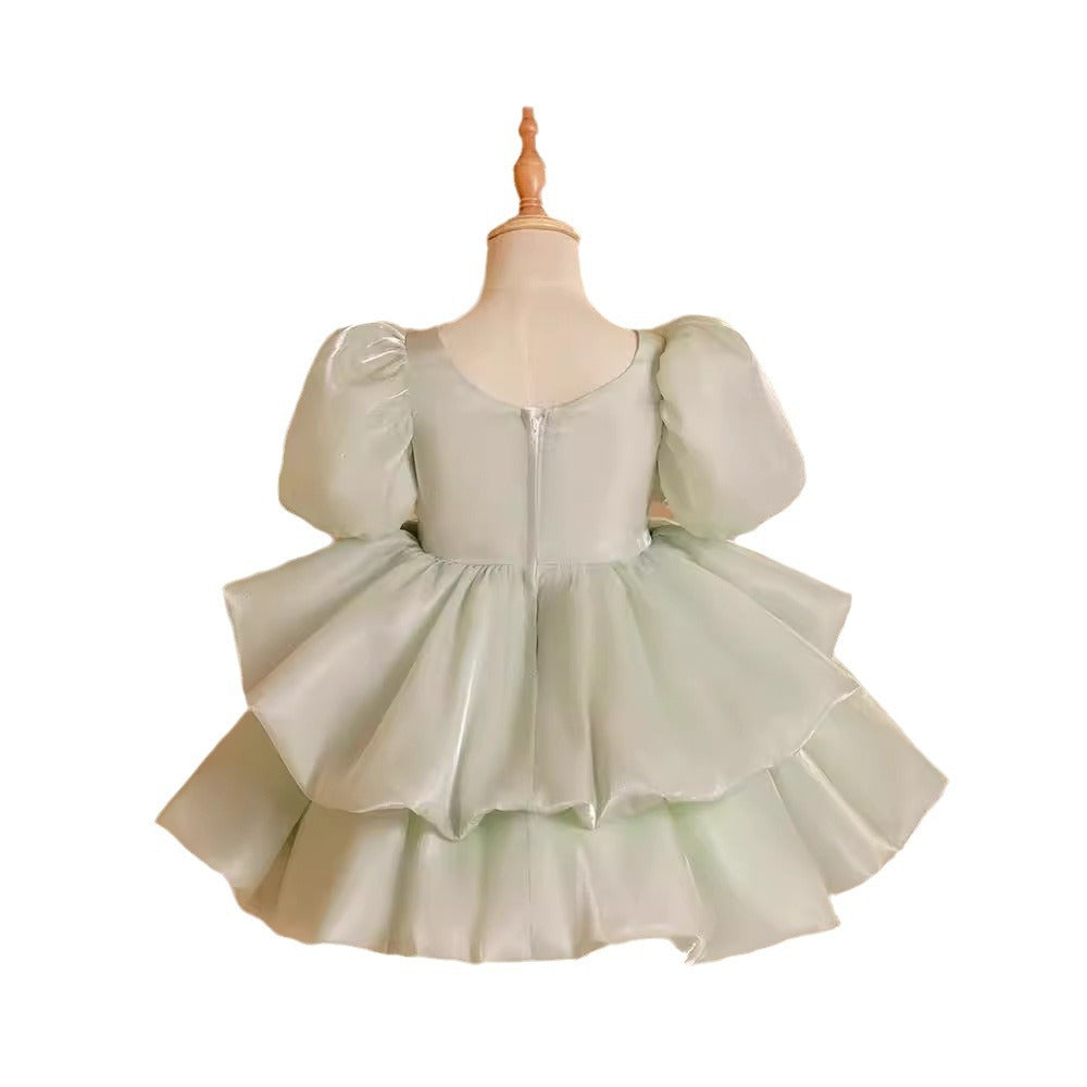Abito Elegante Bambina in Organza con Fiocco e Paillettes – Verde Salvia
