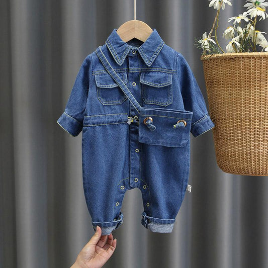 Tutina in jeans “I Love My Mummy” – con borsina coordinata e stampa retro