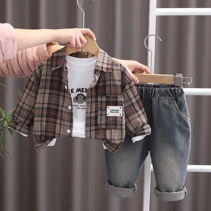 Completo Bimbo Casual   Camicia a Quadri, T-Shirt Stampata e Jeans