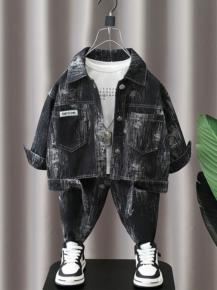 Completo Bambino in Denim Lavato  Giacca  e Jeans con Effetto Usura