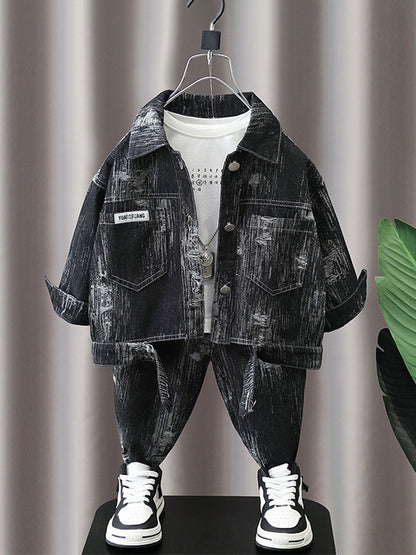 Completo Bambino in Denim Lavato  Giacca  e Jeans con Effetto Usura