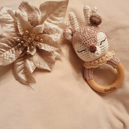 Sonaglio neonato in legno e cotone all’uncinetto – Animali handmade