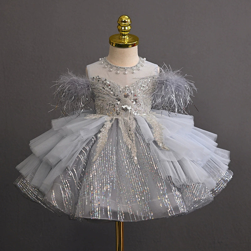 Abito da Cerimonia Bambina Argento – Con Paillettes e Piume