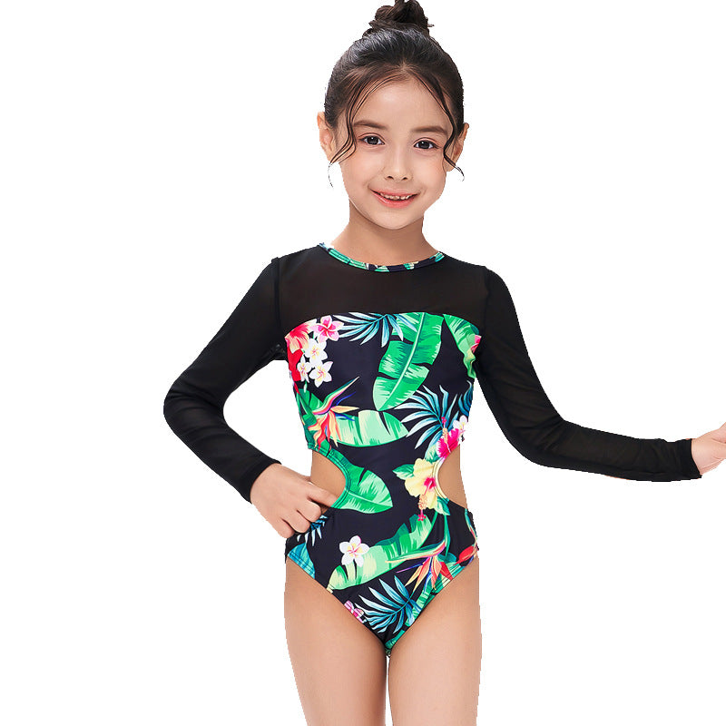 Costume intero bambina con maniche lunghe – Fantasia tropicale e dettagli cut-out