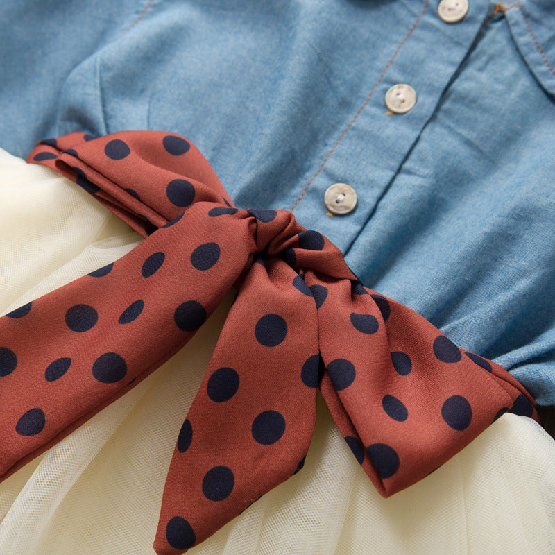 Abito Bambina in Denim e Tulle con Fiocco a Pois