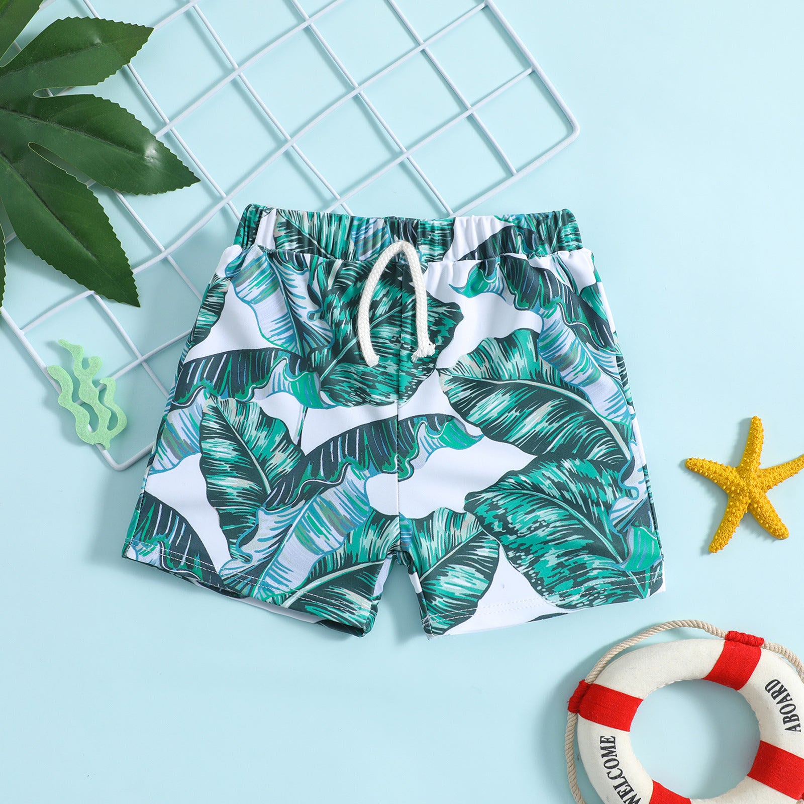 Pantaloncino da mare bambino   Fantasia Foglie Tropicali