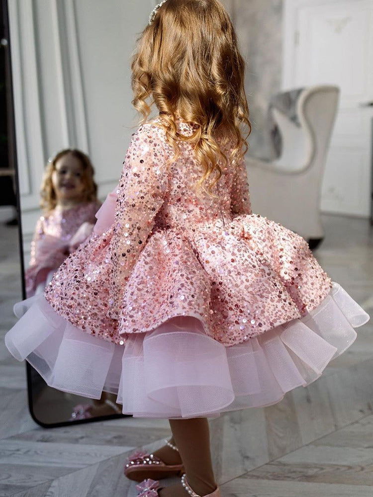 Abito da Cerimonia Bambina - Rosa con Paillettes, Fiocco e Gonna in Tulle