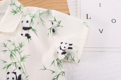 Completo Estivo Bambino 2 Pezzi - Camicia Panda e Pantaloncini Beige