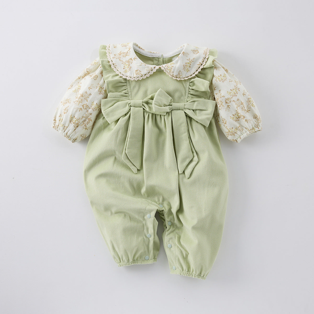 Tuta Neonato Elegante Verde Salvia con Fiocchi e Colletto Ricamato