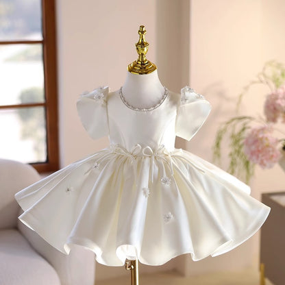 Abito Elegante Bambina Avorio con Maniche a Palloncino e Dettagli Floreali